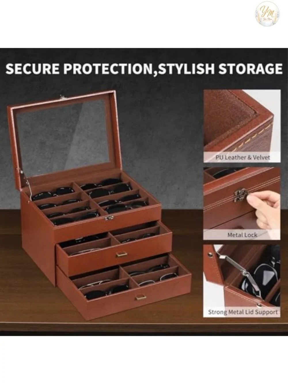 Faux Leather Eyeglass Case with 24 Compartments and Lock, Sunglasses Organizer